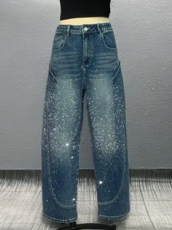 

Модные широкие джинсы с высокой талией, женские весенне-осенне-зимние свободные джинсы с бриллиантами, повседневные синие джинсовые джинсы