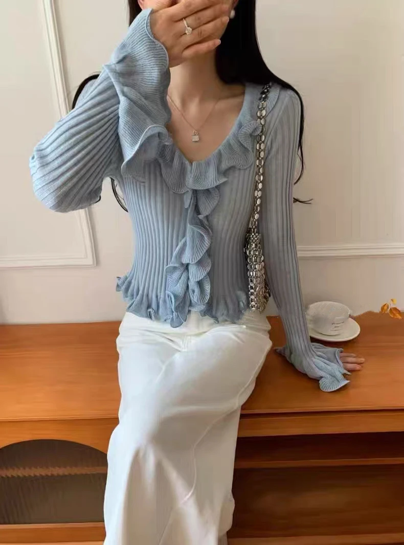 

Women Autumn Korean Fashion Knitted Tops Cardigan Butterfly Sleeve Soft Versatile Casual Ruffle Ladies Sweater Jumpers N998