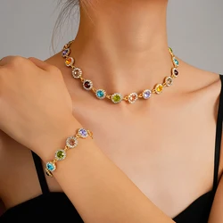 2PCS Colorful Zircon Necklaces Bracelets Sets Fashion Exquisite Flower Stainless Steel Jewelry For Women Daily Party Accessories