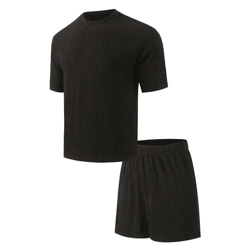 

2Piece Men's Short-Sleeved Set - Summer Pure-Color Pleated T-Shirts Comfortable For Exercise, Suitable For Home Wear Fashionable