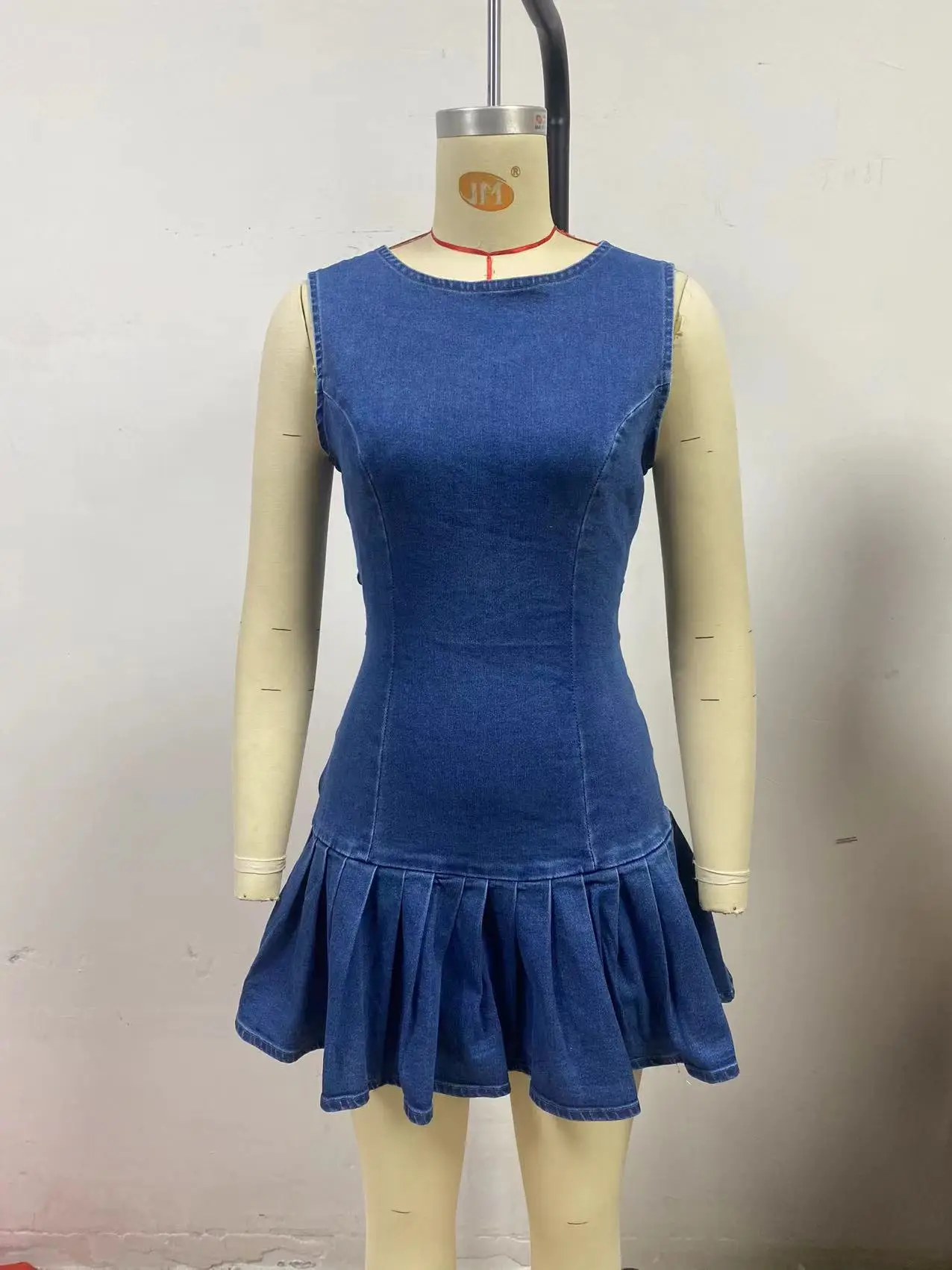 Women Denim Dress Pleated Washed Dresses High Waist Vestidos Sleeveless O Neck Slim Fit Spliced Basics Solid 2025 Summer