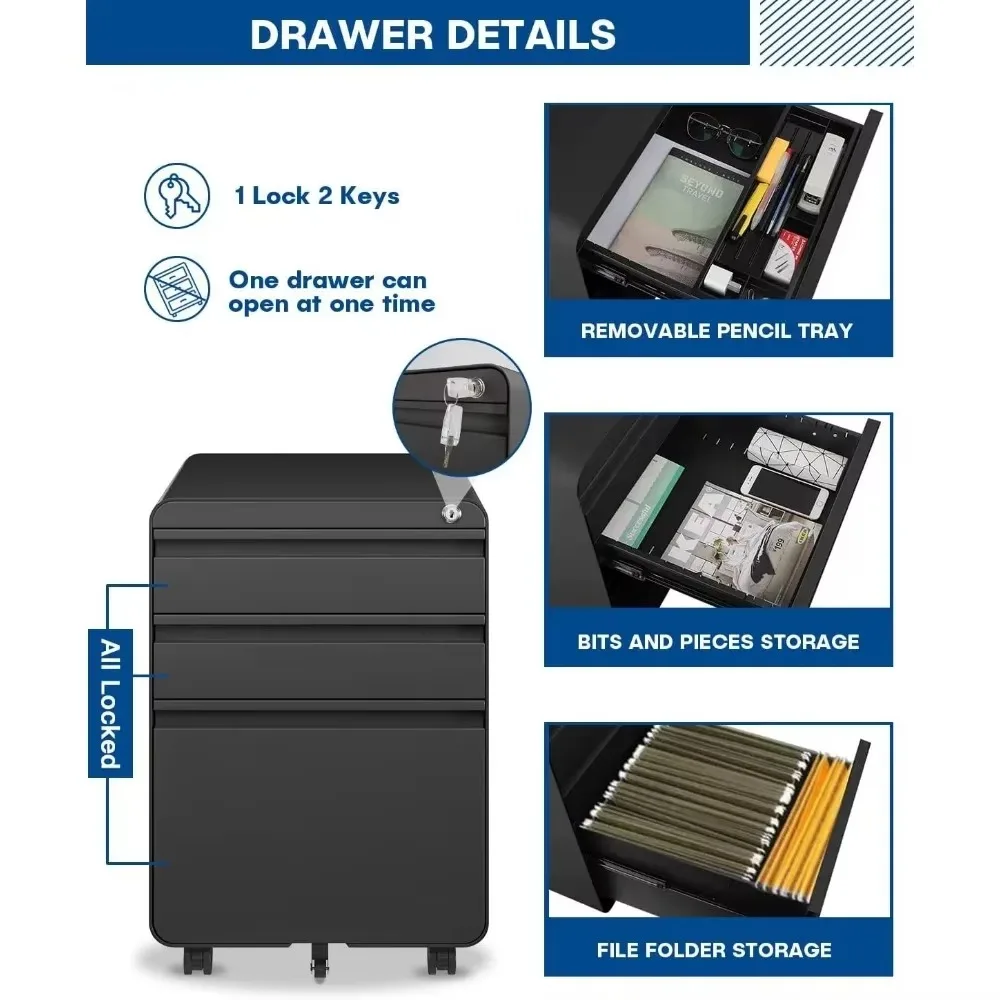 3 Drawer File Cabinet, Metal Filing Cabinets with Lock Wheels, Anti-tilt Under Desk Design, Lockable Rolling Mobile File Cabinet