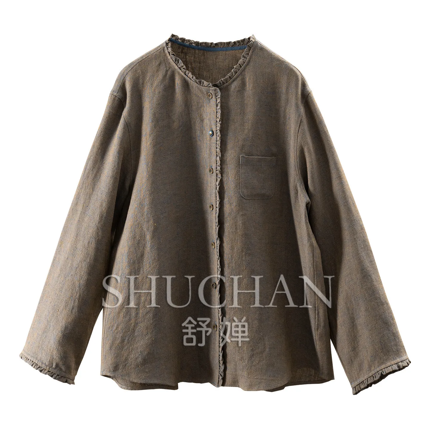 Vintage Slack New 2026 High Quality Yarn-dyed Hemp + Linen Lace Collar Long Sleeve Jacket Women 68W5