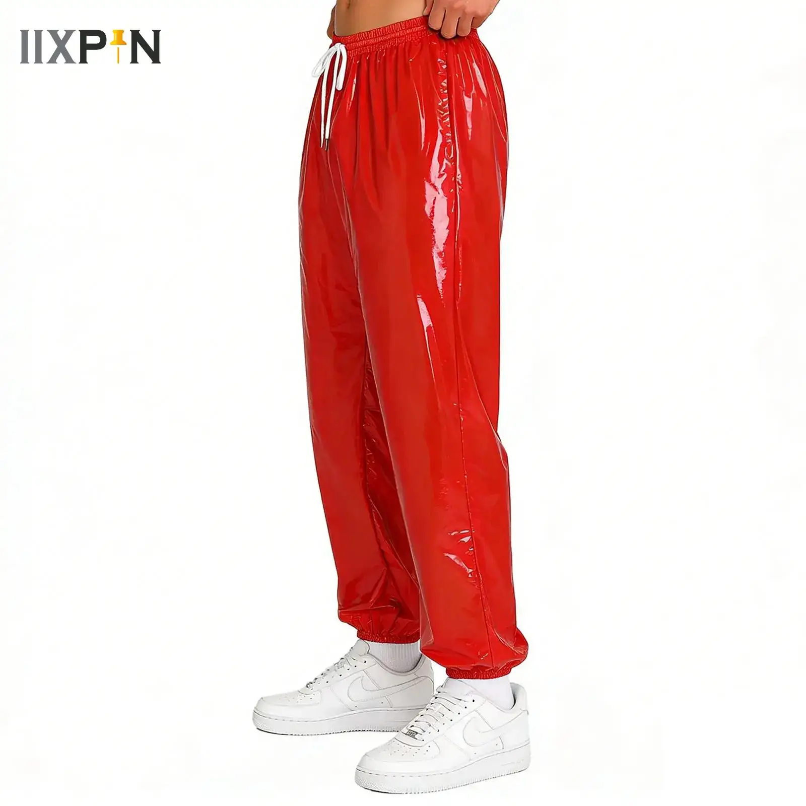 

Mens Waterproof Jogging Pants Shiny Y2K Drawstring Elastic Waistband Side Pockets Track Baggy Glossy Pants Hip Hop Trousers