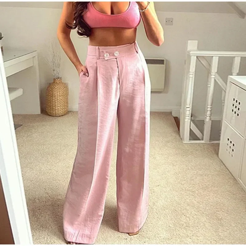 

2023 Summer Autumn Women's Casual Clothes for Female Pink Wide Leg High Waist Pants Straight Elegant Office Ladies Trousers