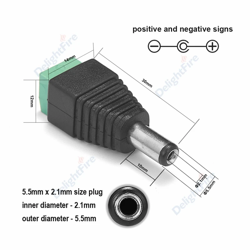 Female Male DC Connector 5.5*2.1mm Jack Plug Power Adapter Wire Connector For 3528 5050 5730 LED Strip Cable Light CCTV Camera