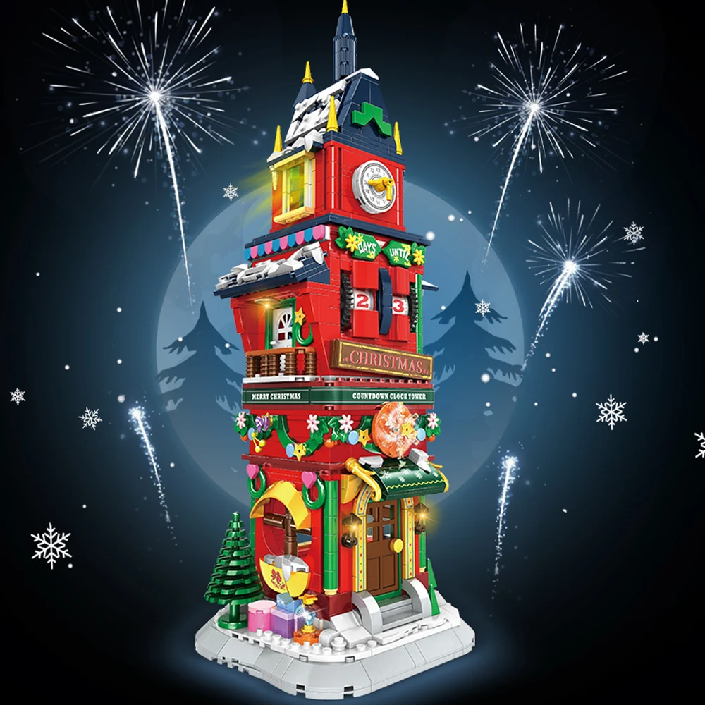 Ciudad creatividad invierno pueblo Nochebuena cuenta regresiva torre modelo bloques de construcción juguetes para niños regalo de Navidad