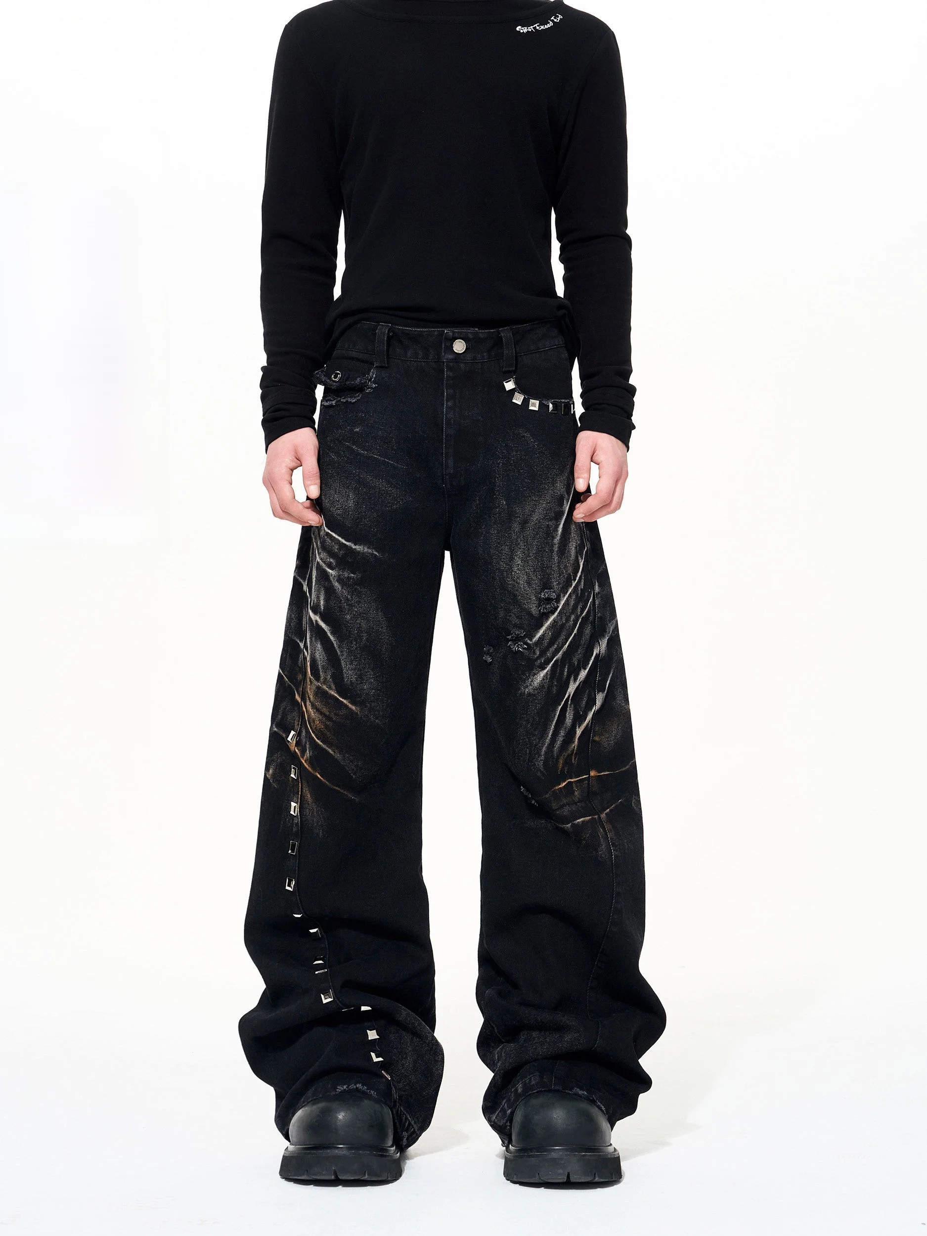 

Retro Waed Jeans Men's Autumn Winter Rivet Design Wide Leg Pants Low Waist Zipper Closure Cotton Blend Punk Sle