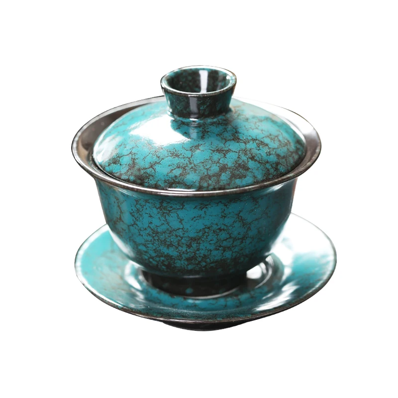 Three talents cover bowls with turquoise and green covers, tea bowls with kiln color-changing glaze, retro household tea sets, t