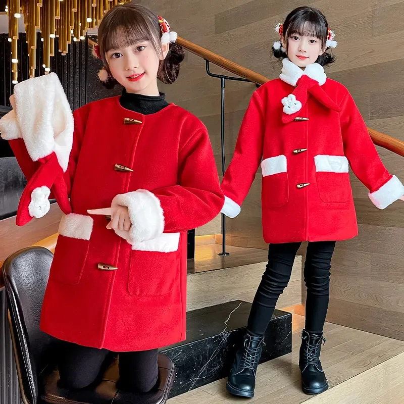 Autumn Winter Girls Coat Fashion Design Long for Kids Outerwear Rabbit Pattern Warm Jacket s 5-12T