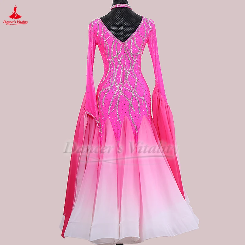 성인 왈츠 폭스트롯 탱고 퀵스텝 로즈 그라디언트 컬러 긴 소매 빅 스윙 드레스 여성 공연 및 대회 의상 맞춤