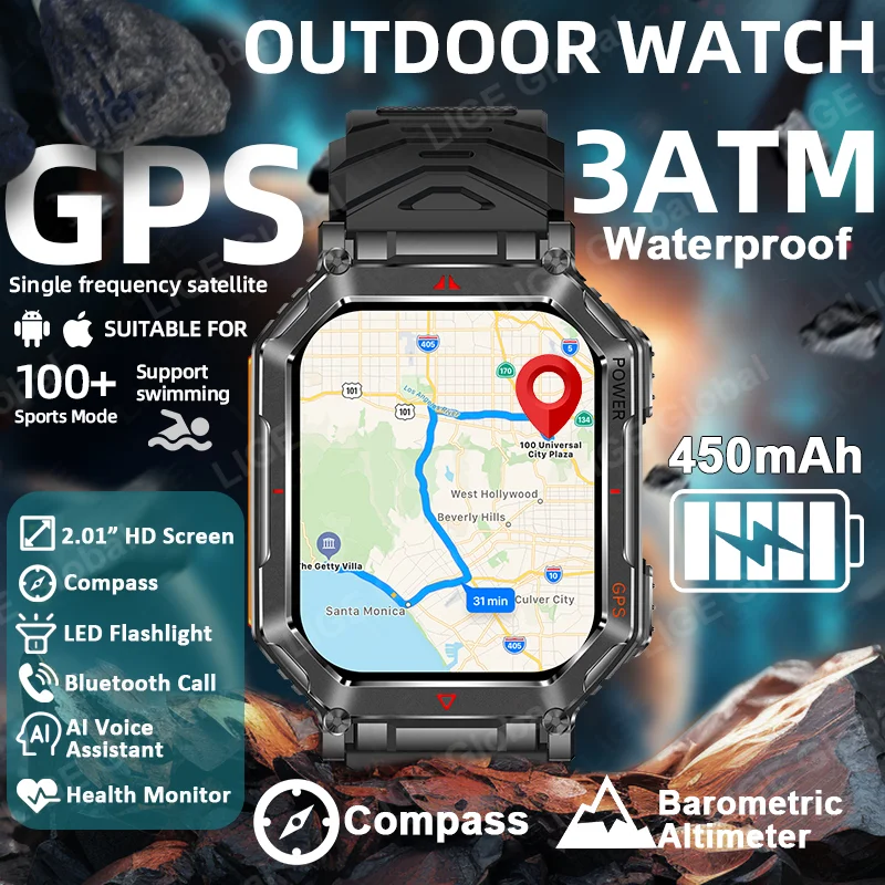 LIGE GPS Smart Watch 450mAh 3ATM Waterproof Built-in Compass Barometric Altimeter Military Sport Smartwatch Men For Android iOS