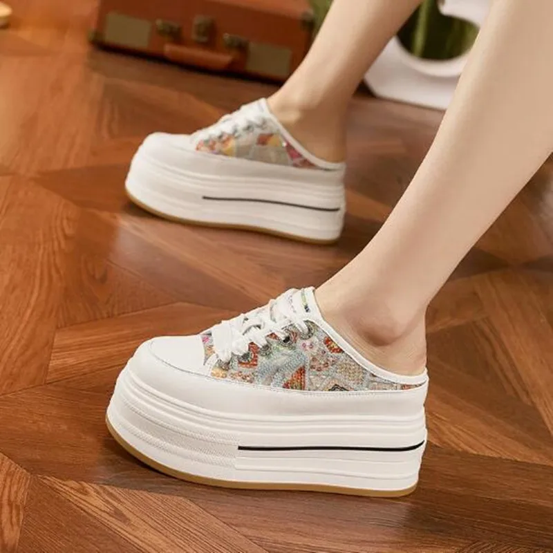 

Women's Casual Shoes Summer 8.5cm Chunky Sneakers for Female Novetly Fashion Bling Mules Shoes High Brand Comfy Slides Slippers