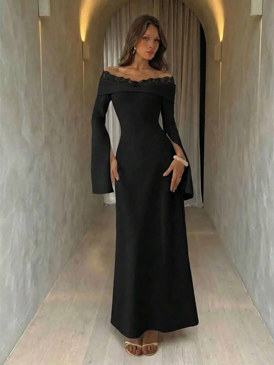 

Black Off-Shoulder Long Dress With Lace Trim Elegant Party Gown For Women