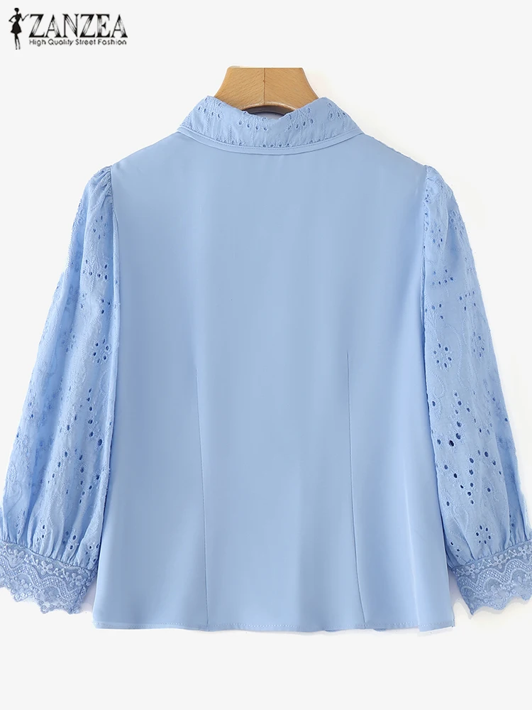 ZANZEA Women Lapel Collar Blouse 2025 Spring Lace Up Shirts Vintage Ruffled Hem Blusas Casual Loose 3/4 Sleeve Button Tops Tunic - Image 5