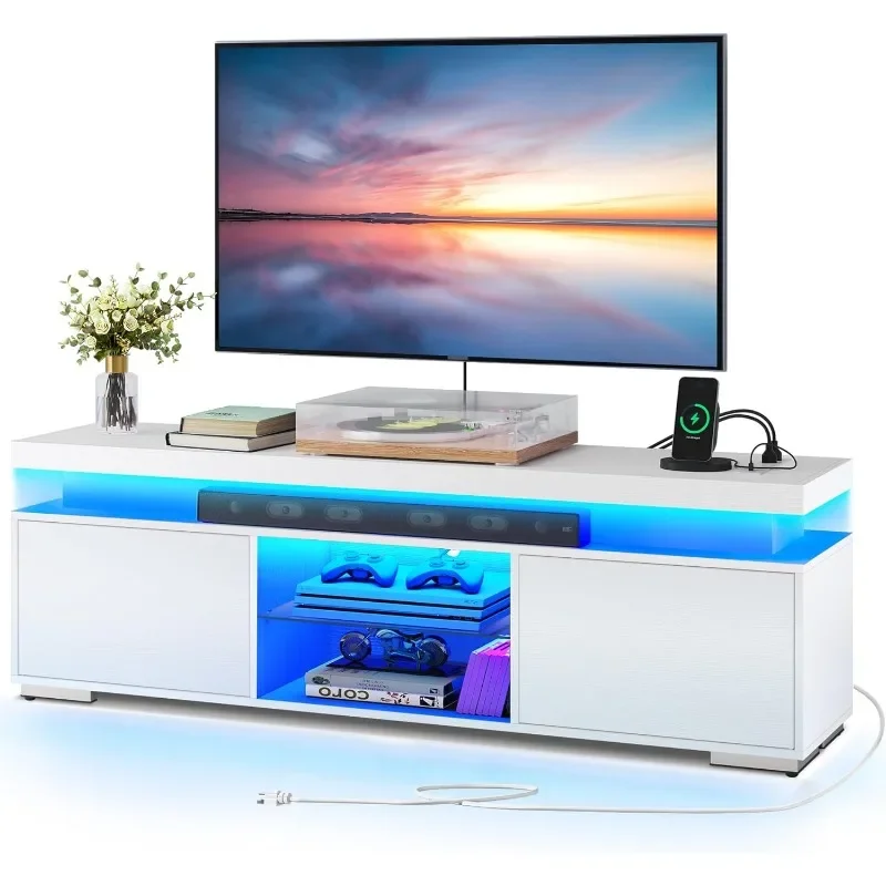 TV Stand with RGB LED System, 4 AC Power Outlets, Ample Storage Space, Sturdy Construction, Easy Assembly, White