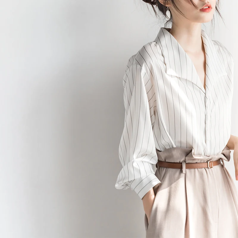 

Trendy Women's Long Sleeve Striped Satin Shirt Loose V-Neck Workwear Top Spring Autumn Korean Style Straight Cut Button Detail