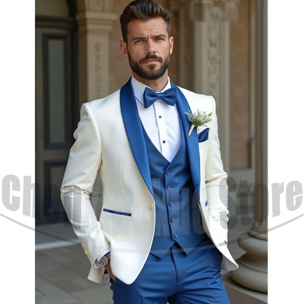 

Elegant Men Suits Shawl Lapel One Button Tuxedos Wedding Party Prom Clothes Three Pieces Custom Male Suit (Jacket+Pants+Vest)