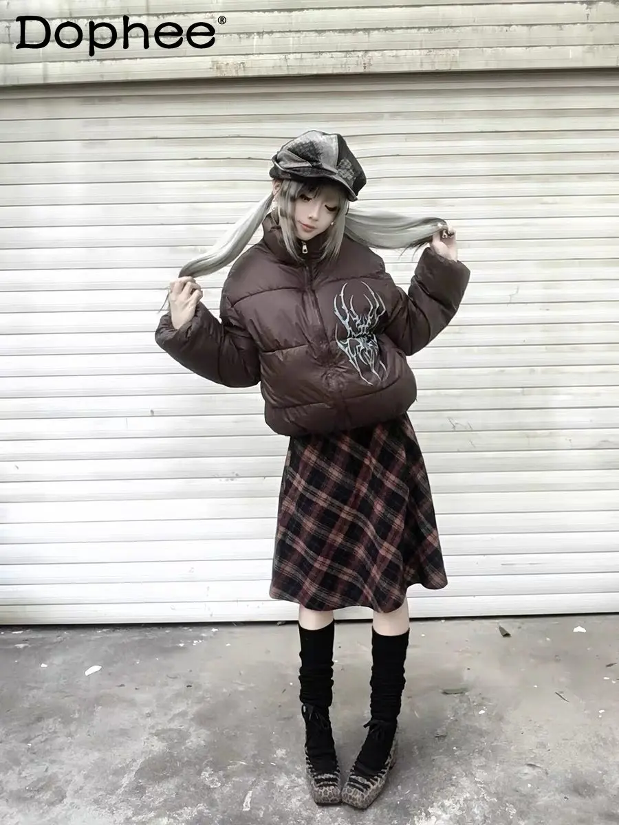 

Japanese Original Y2K Subculture Khaki Cotton Jacket Autumn Winter Thickened Warm Zipper Sweet Cool Girl Coat