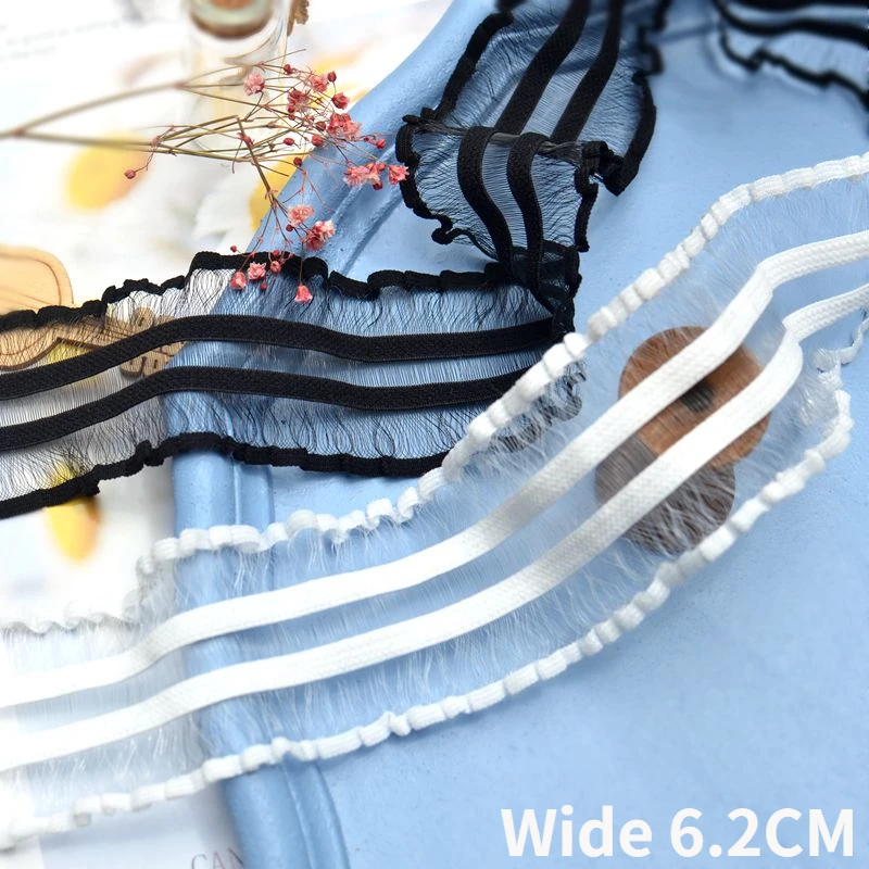 6.2CM Wide White Black Polyester Stretch Lace Fabric Fringed Ribbon Elastic Ruffle Trim Curtains Dolls Clothing DIY Sewing Decor