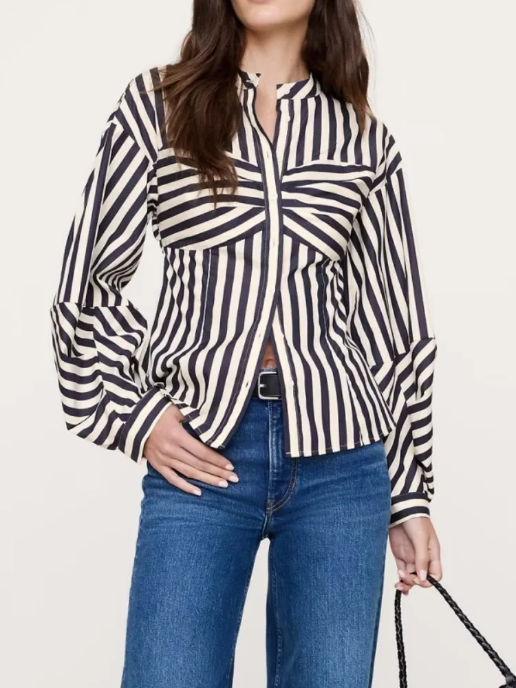 

Yeezzi 2026, новые поступления, модные полосатые блузки контрастного цвета с воротником-стойкой, свободная рубашка с длинными пышными рукавами, повседневные офисные рубашки