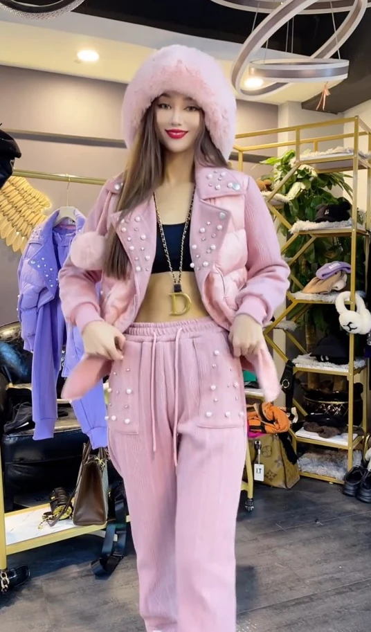 Pants Sets Women 2022 Winter New Heavy Industry Rhinestone Lapel Cotton Coat Jacket Fleece-Lined Feet Pants Leisure Sports Suit