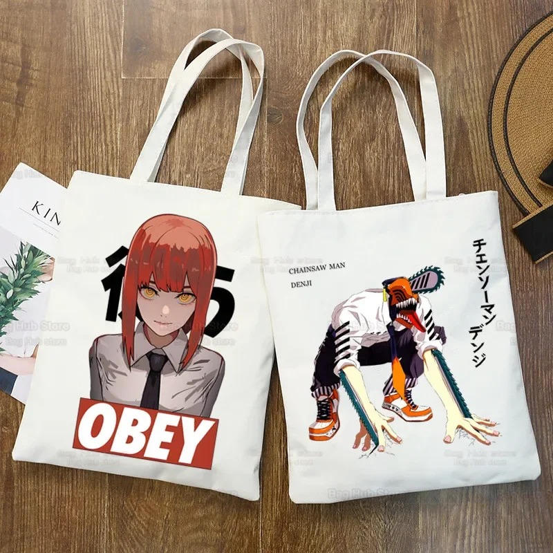 Chainsaw Man Canvas Shoulder Makima Tote Bag Handbags Eco Reusable Pochita Shopping Bag Vintage Anime Cartoon Ulzzang Bags