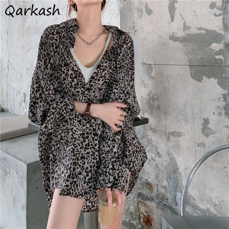 Leopard Sun-proof Shirts Women Long Sleeve Loose Chic Thin Spring Summer Tops Mid-length Minority Design Female Vintage Slouchy