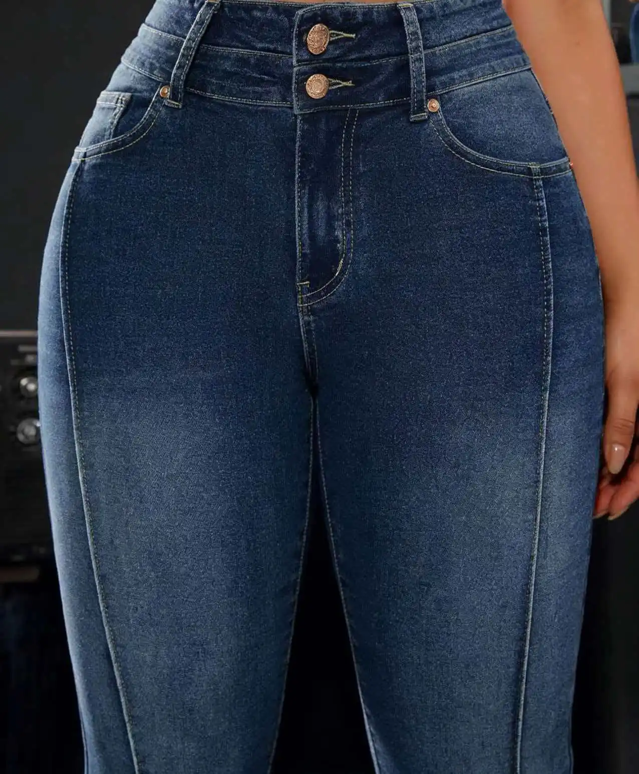 Women's High-Waisted Stretch Denim Trousers Double Button Detail Comfortable Fit Straight Leg Jeans - Image 6