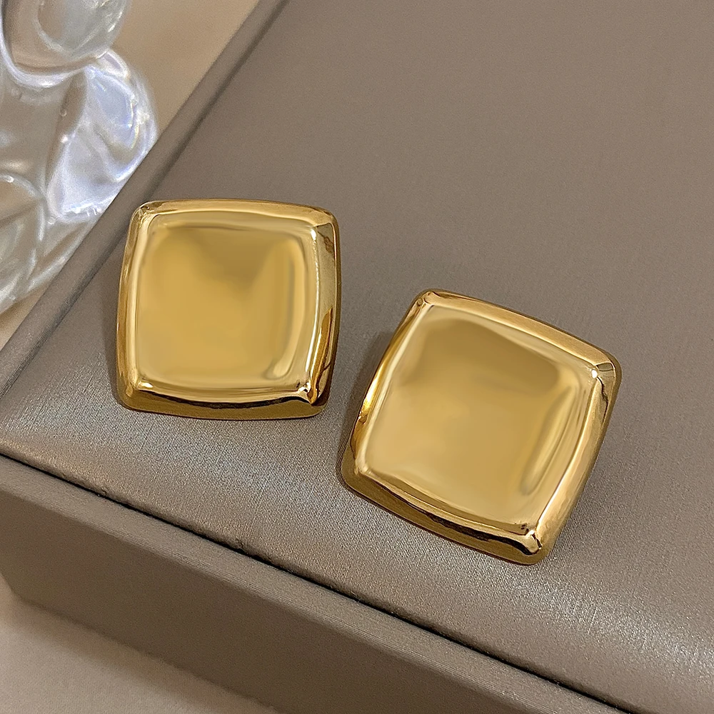 Punk Chunky Gold Color Thick Stainless Steel Earrings for Women Inlaid Irregular square Stud Earring Jewelry Gift