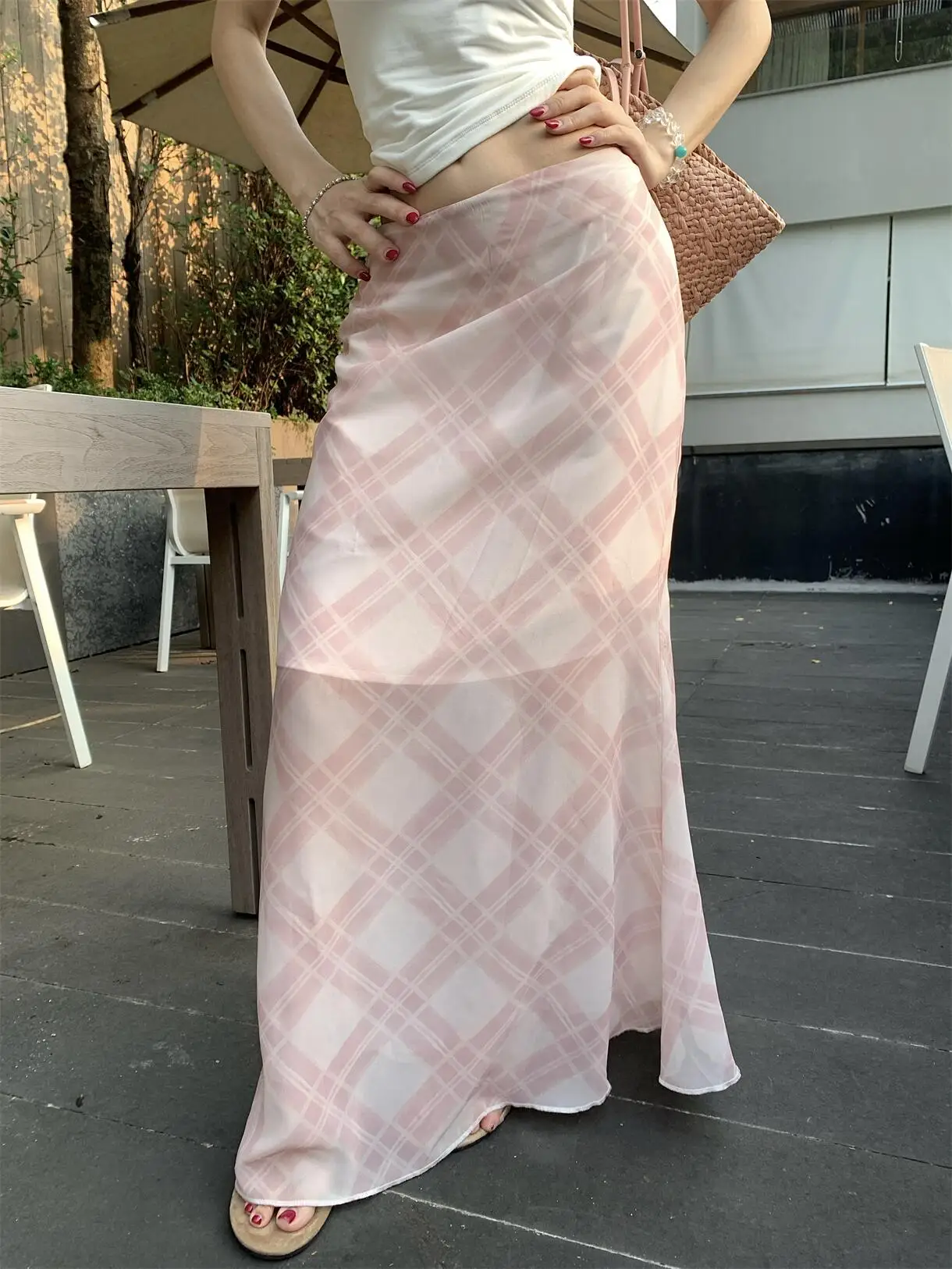 

Kumikumi Gentle Wind Pink Plaid Casual Women's Skirt Summer Anti-Aging Versatile Wraparound Long Skirt High Waist