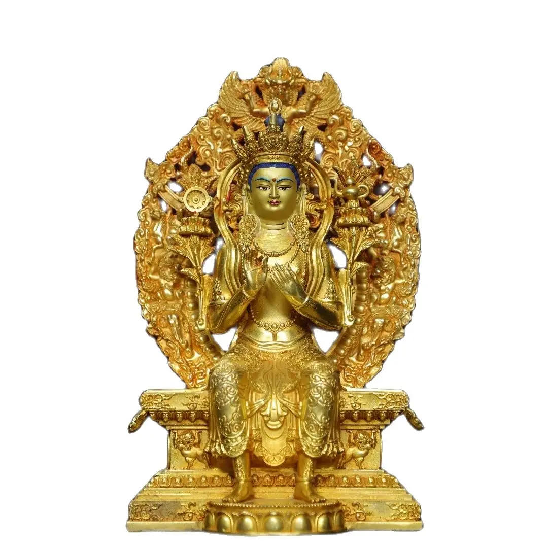 Home worship of religious bronze gilded painted Maitreya statue in Tibetan Buddhism Size: Height 30cm, Width 19cm, Thickness 15c