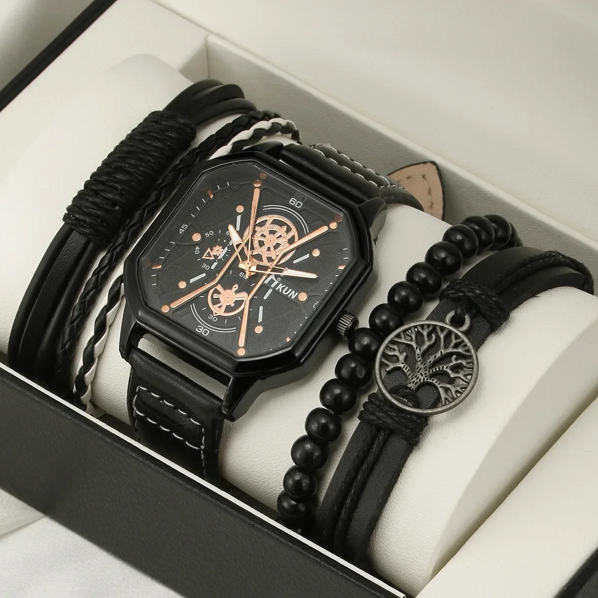 5 pz/set nuovi uomini orologi al quarzo bracciali set casual cinturino in pelle PU freddo orologio nero quadrante grande orologio sportivo quadrato orologi da polso