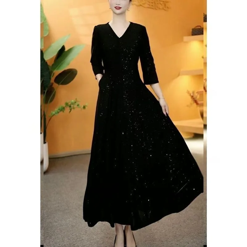 

Women's Black Glitter Maxi Dress V-neck 3/4 Sleeve A-line Evening Party Gown
