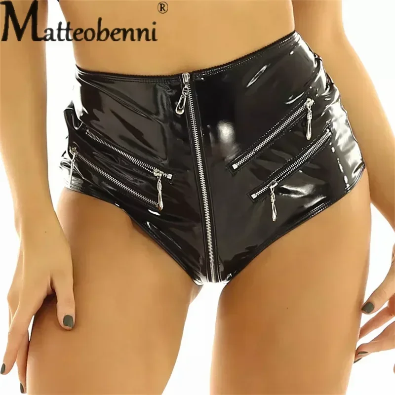 Shiny PVC Patent Leather Sexy Shorts Women Nightclub Party Erotic Triangular Trousers Multi-Zipper Open Crotch Ultra Short Pants