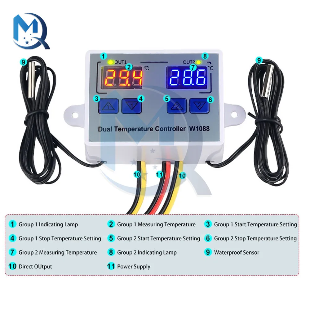 W1088 12V/24V/110V 220V LED Digital Temperature Controller Thermostat Thermoregulator Sensor Meter Fridge Water Heating Cooling