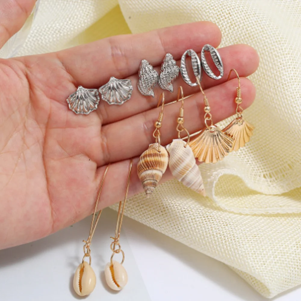 12pcs Ocean Wind Shell Conch Scallop Fashion Alloy Silver Color Golod Color Earring Set Woman Party