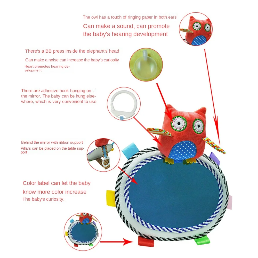 Cartoon Animal Plush Toys Baby Car Rear View Mirror Sound Adjustable Infant Rear Facing Mirrors Colored Labels Table Support
