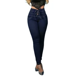 Fashion New Stretch High Waist Lace-up Pencil Jeans Women Slim Lift Hip Denim Pants Female Comfortable Casual Commuter Trousers
