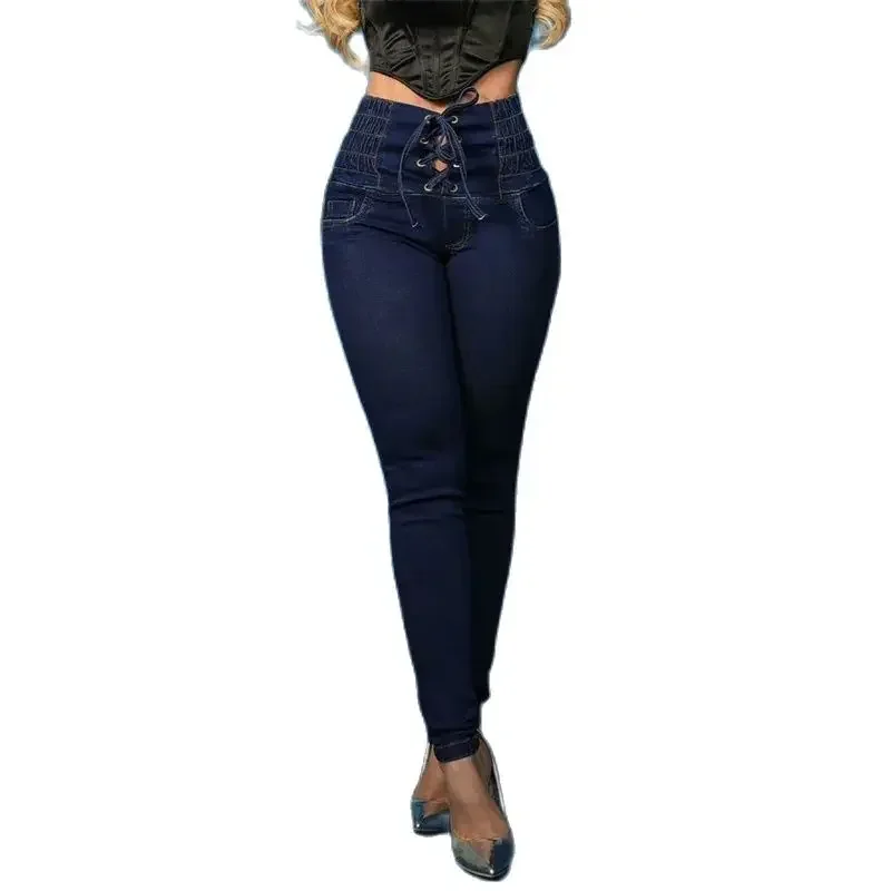 Fashion New Stretch High Waist Lace-up Pencil Jeans Women Slim Lift Hip Denim Pants Female Comfortable Casual Commuter Trousers