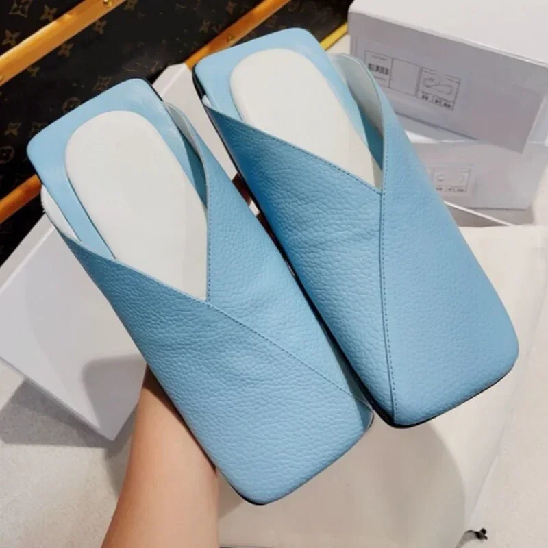 Women's Flat Leather Square Toe Sandals Top Version Full Leather Shoes Outdoor Casual Shoes Brick Bottom Large Board Slippers