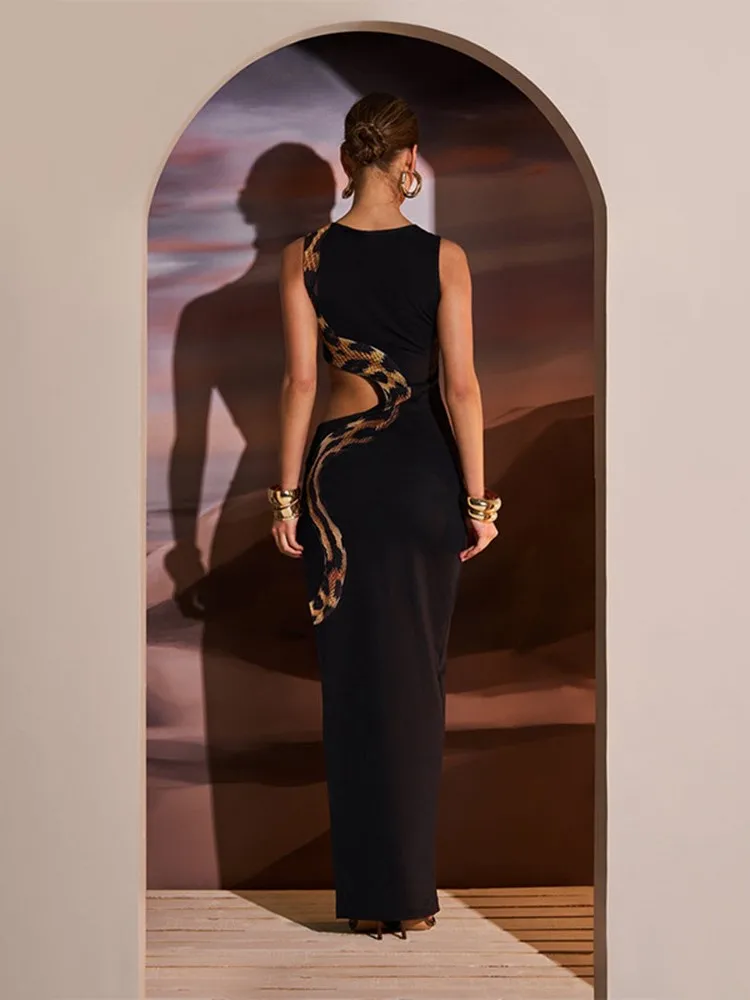 여성용 뱀 프린트 컷 아웃 슬림 롱 원피스, 섹시한 패키지, 힙 바디콘 슬릿 민소매 드레스, 클럽 파티 베스티도스, 2025 신제품