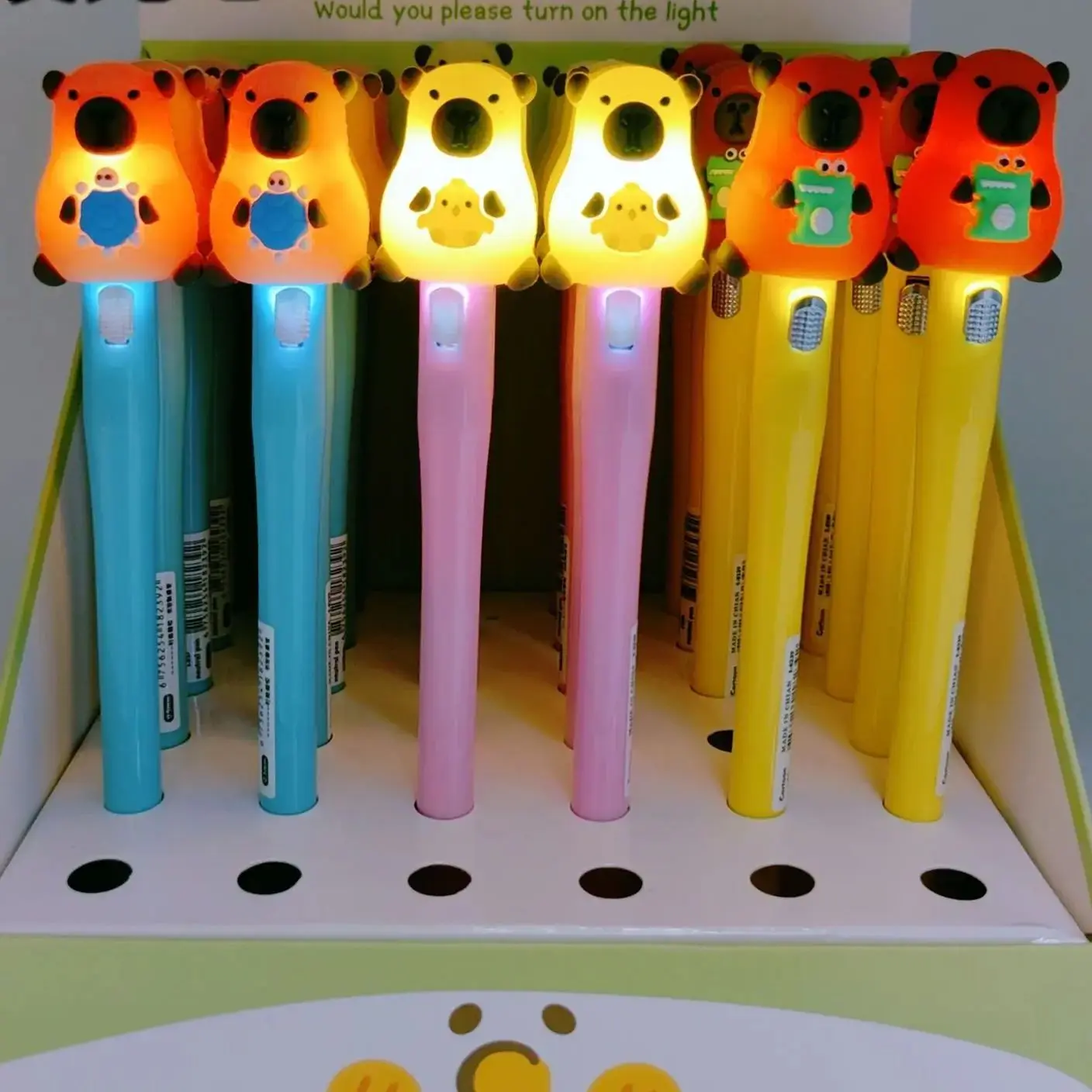 3Pcs/Set Cute Capybara LED Ballpoint Pens 0.5mm Blue Ink Smooth Writing Light Gel Pens Kids School Stationery Office Supplies