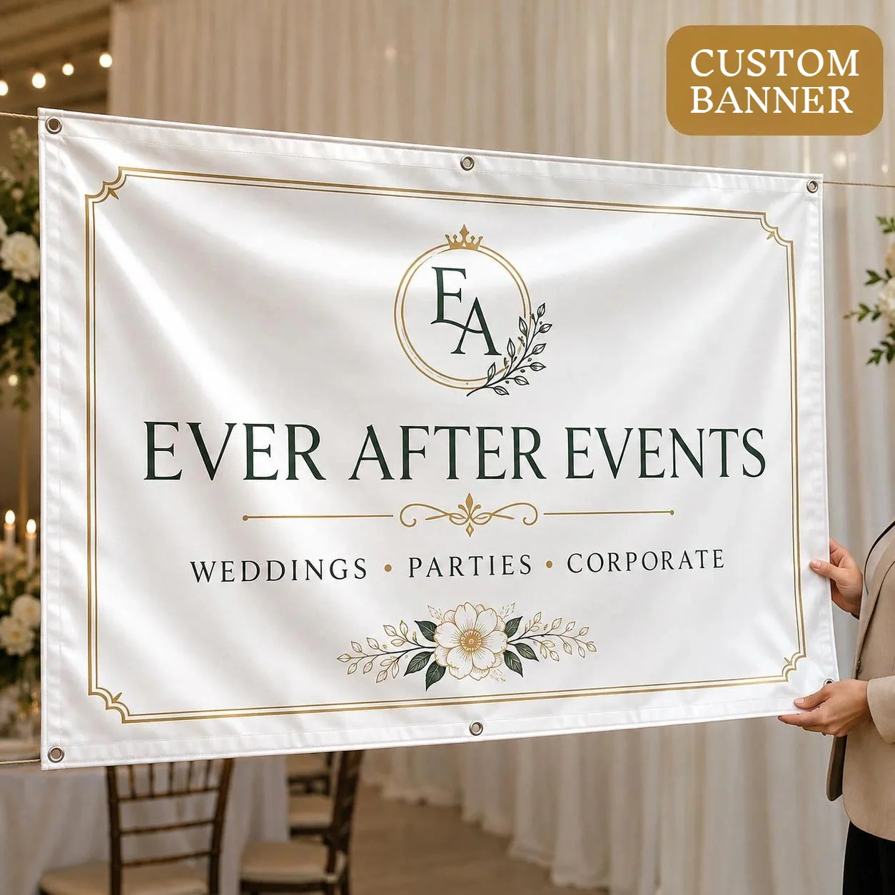 Custom Event Planner Polyester Banner with 6 Grommets, Vendor Booth Sign, Wedding Welcome Sign Party Banner, Ceremony Background