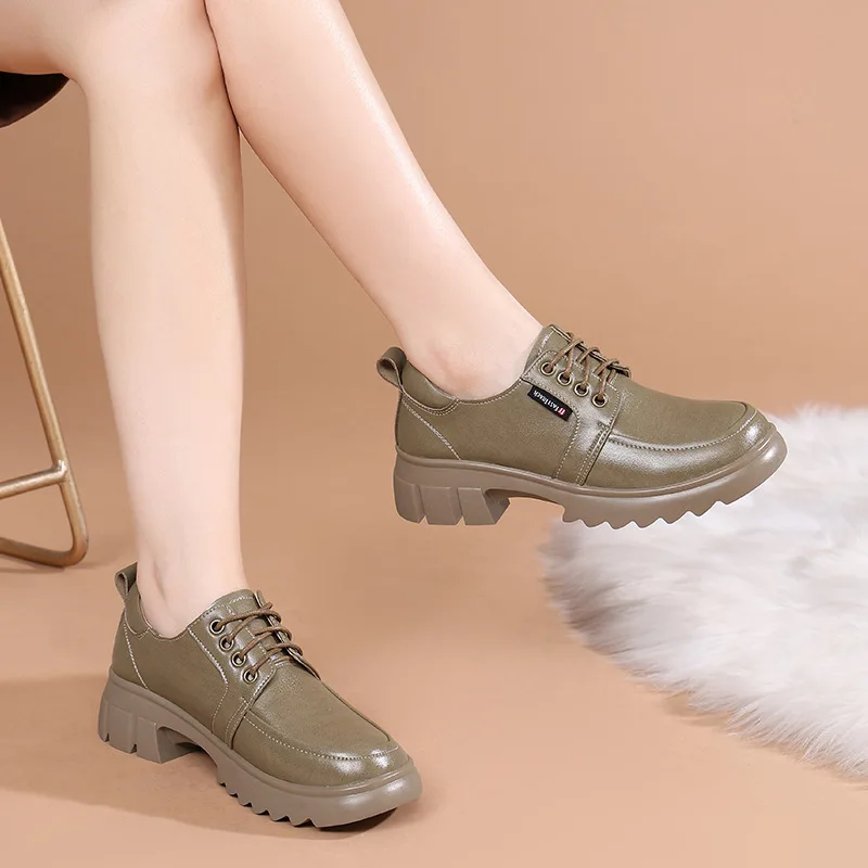 DRKANOL Fashion Women Shoes Lace-Up Round Toe Med Thick Heel Casual Shoes Ladies Real Cowhide Autumn Winter Warm Shoes H5089