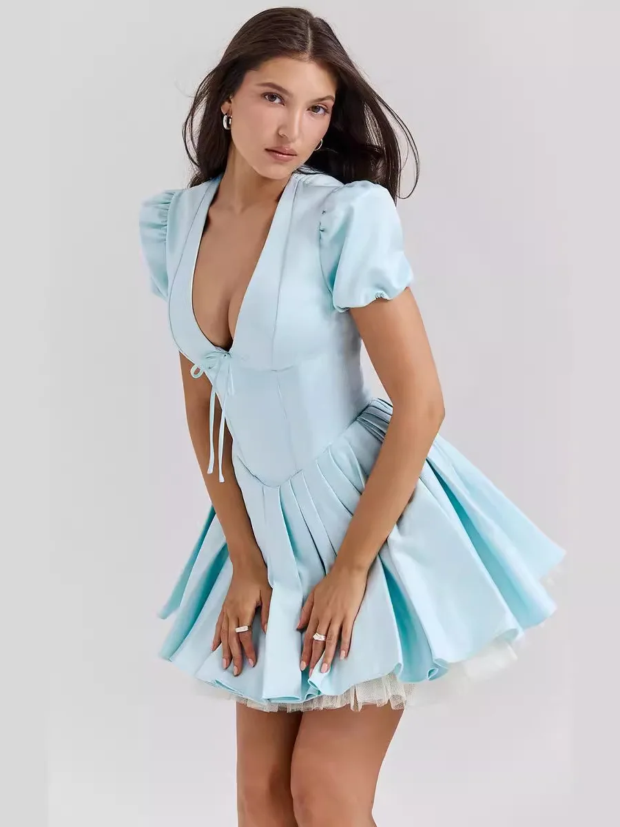 فستان صيفي بقصة ضيقة وطبعة زهور وياقة على شكل V للنساء، فستان بخصر مرتفع وتصميم فرنسي من ألياف البوليستر بتنورة على شكل حرف A