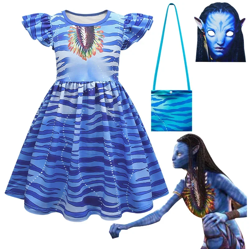 Avataring der Weg des Wassers Alien Cosplay 3D Kleid Mädchen Kinder Avataring 2 Cosplay Kostüm Halloween Party Dress Up Kleidung Maske