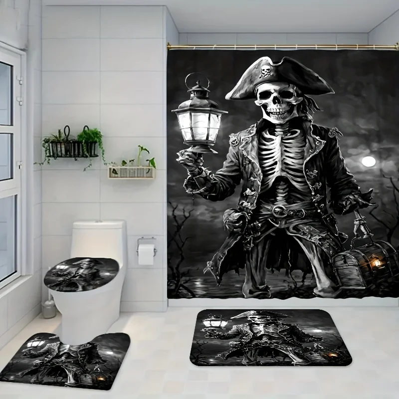 Halloween Skeleton Pirate Shower Curtain Sets with Hooks - 4pc/3pc/1pc - Machine Washable Horror Theme Polyester Bathroom Decor