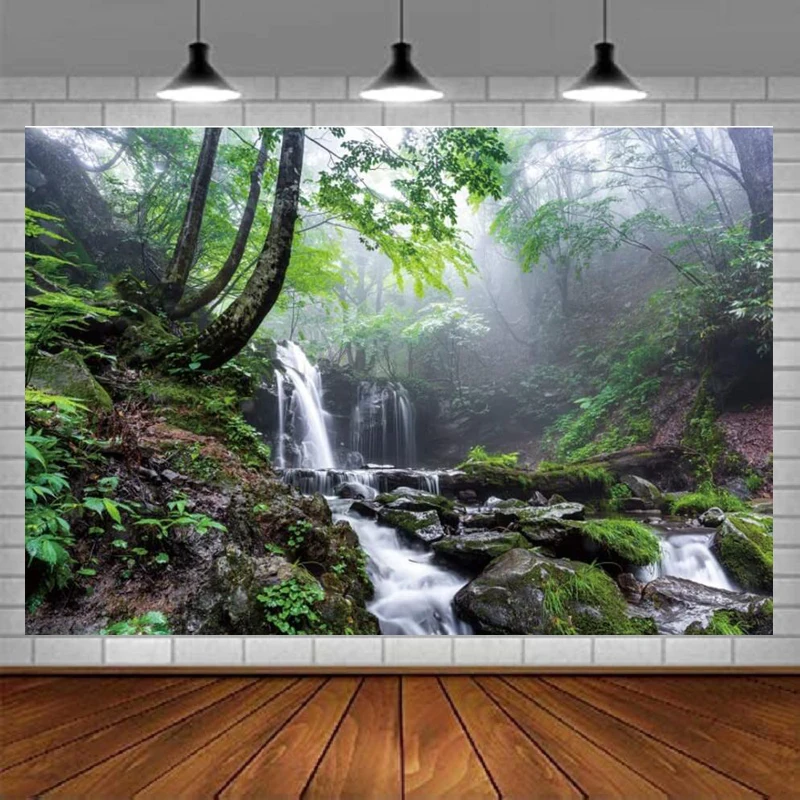 Jungle Waterfall Photography Backdrop Tropical Rainforest Natural Scenery Background For Misty Old Forest Rock Flowing Stream