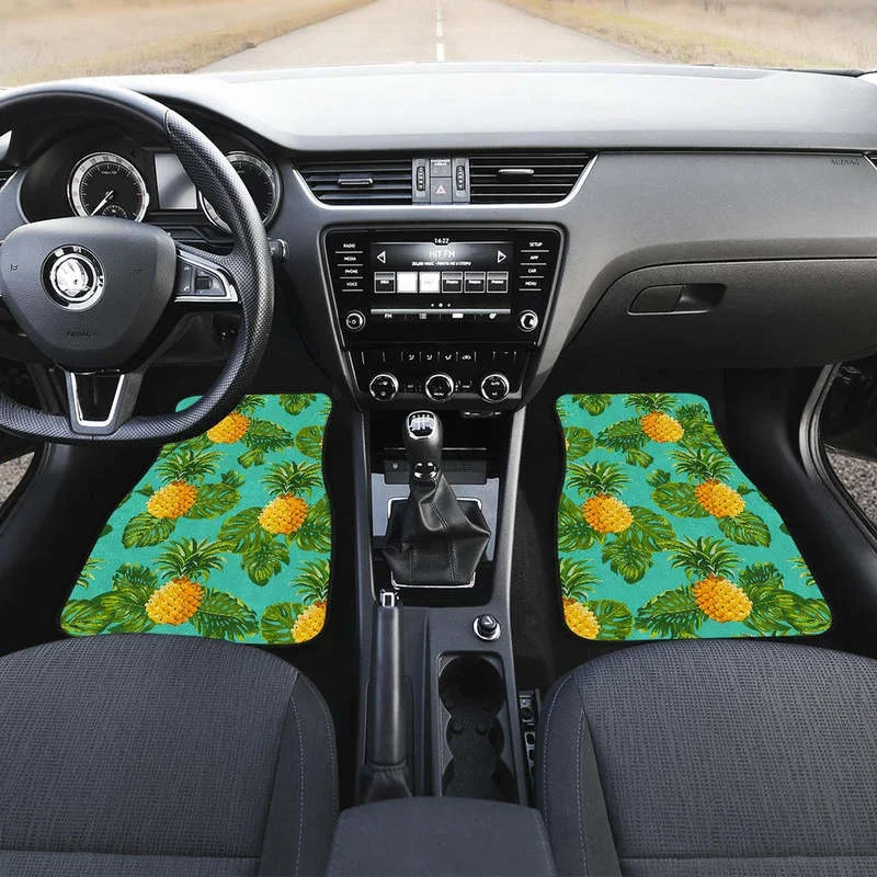 Palm Leaf Pineapple Pattern Print Front and Back Car Floor Mats Heavy Carpet Front and Rear Full Set 4PCs Pack